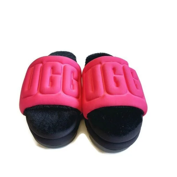UGG Maxi Graphic RASPBERRY BLACK Platform Slide Sandals Puffy Furry NWOB / NWOT - Picture 1 of 12